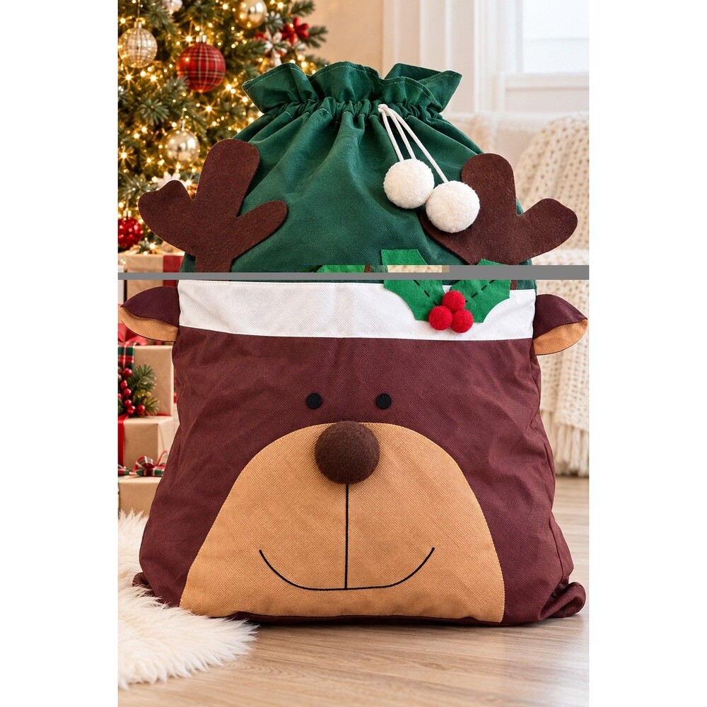 Large Christmas Bear Drawstring Storage Bag Holiday Decor Santa Gift Sack